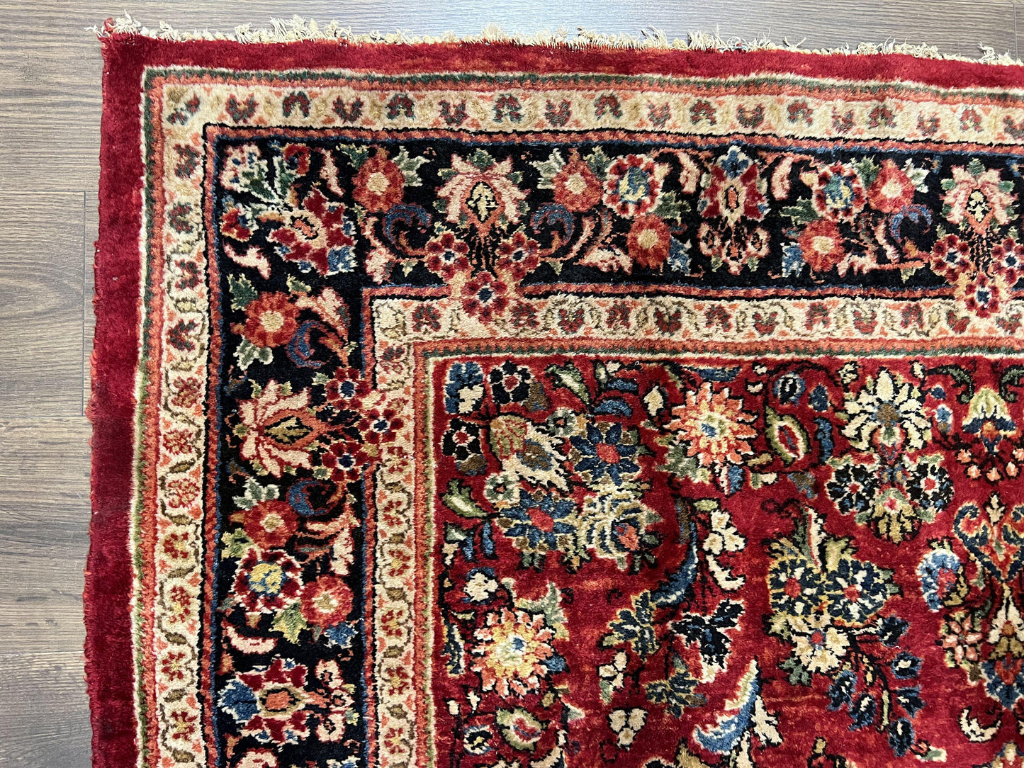 USED Rare Persian Almost Square Rug 6.3 x 5.3, Hand Knotted Wool Antique 1920s Sarouk Oriental Carpet, Red Navy Blue Beige, Floral Allover, 5x6 Area Rug