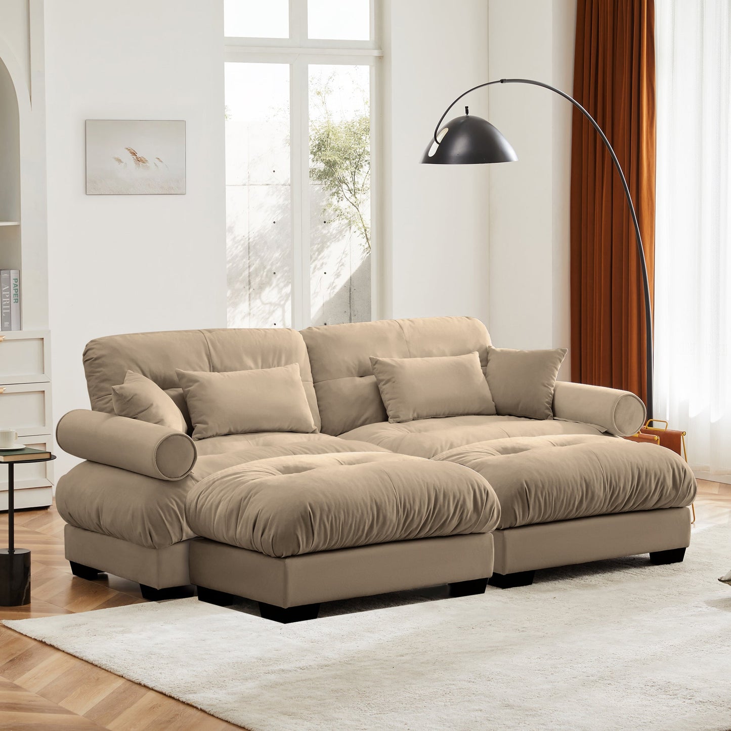 NEW Modern Camel Velvet Two-Seater Sofa with Ottoman