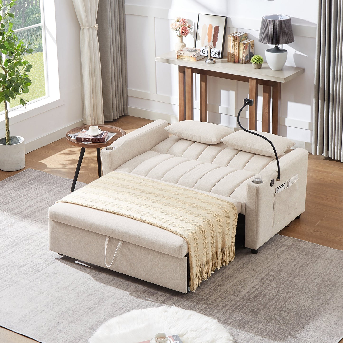 NEW Beige Bella Fabric Convertible Sofa Bed Loveseat