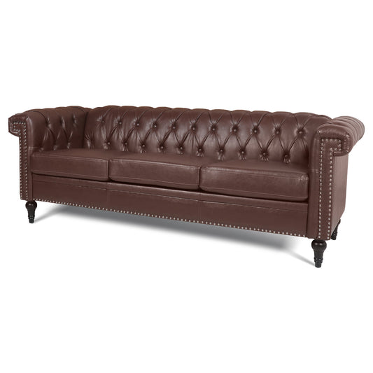NEW Traditional Dark Brown 3 Seater Sofa with Removable Cushions and Square Arms in PU Material