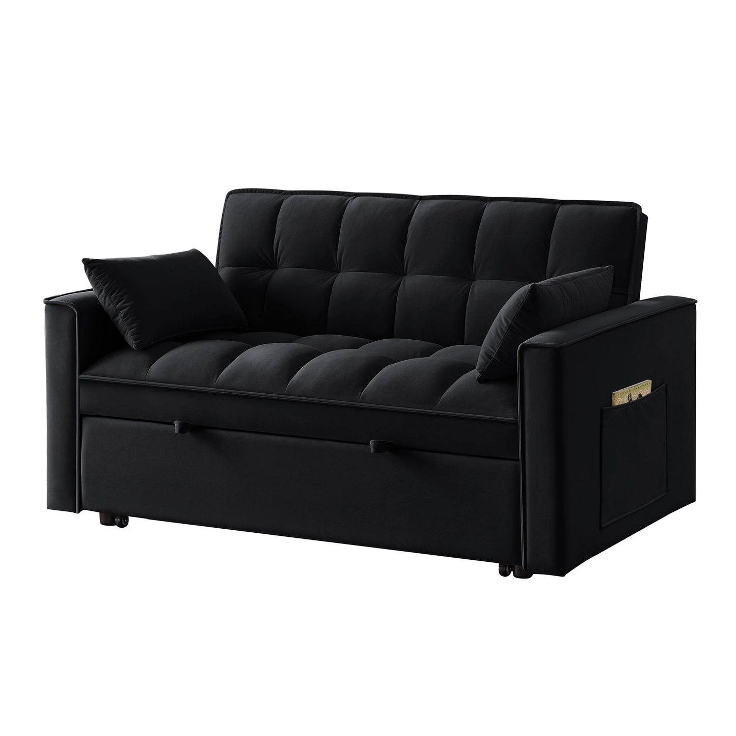 NEW 4 in1 Loveseat Sofa Bed with Armrests & Storage Pockets, Multi-Function Tufted Pull-out Sofa Bed with Adjustable Backrest and Pillows, Convertible Loveseat Sofa Couch,Black