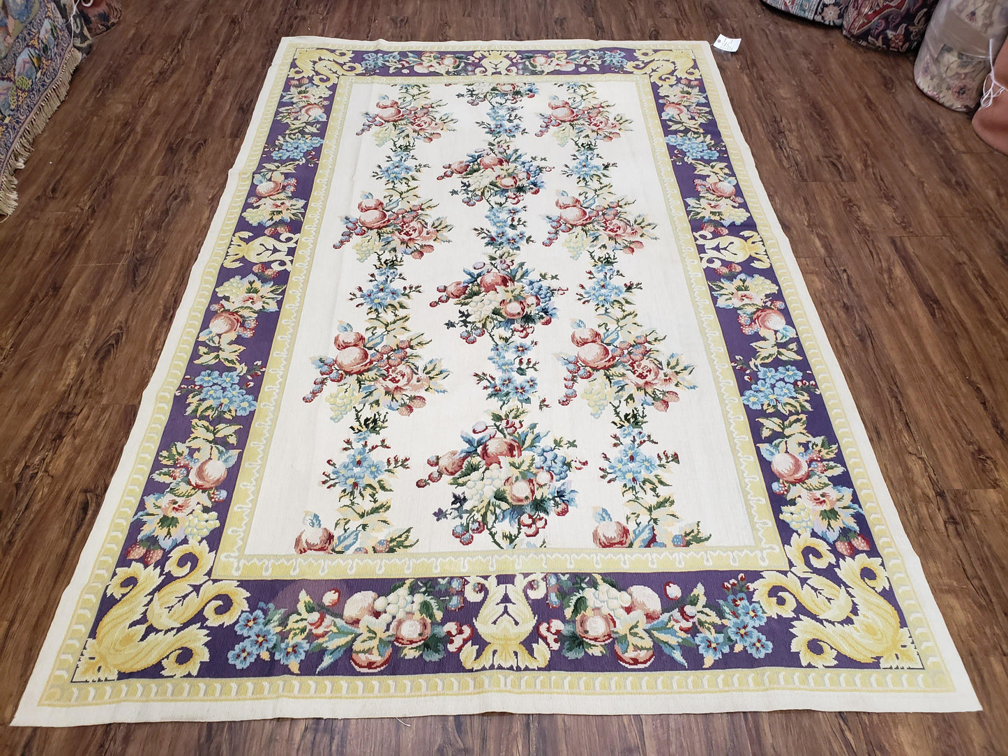 USED Vintage Chinese Floral Needlepoint Area Rug 6x9, Wool Hand-Woven Handmade Flatweave Rug, Ivory & Purple, Fruits Grapes Apples, Dining Room