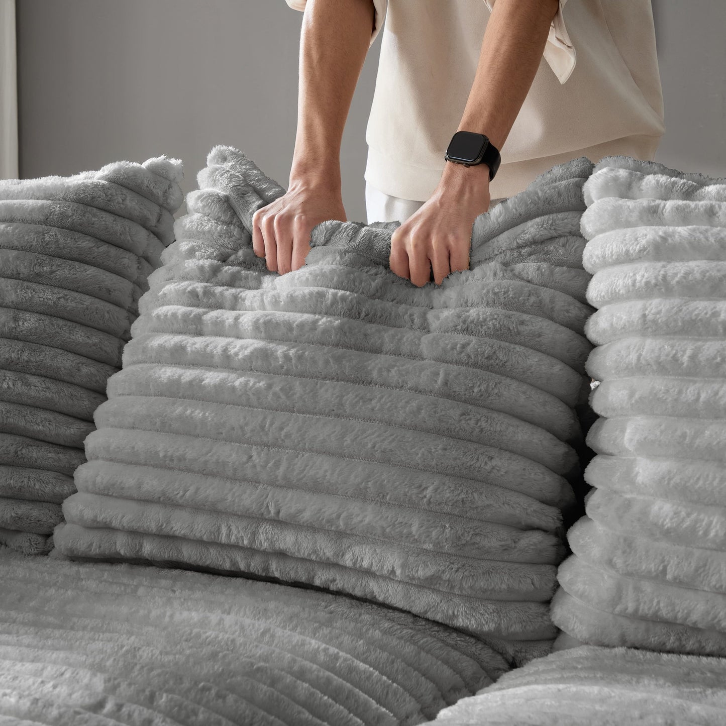 NEW 104.3' Plush Grey Corduroy Modern Comfy Upholstered 4-Seat Comfy Deep Seat Sofa Cloud Couch with Soft Pillows and 3 Ottomans Convertible Lounge Char