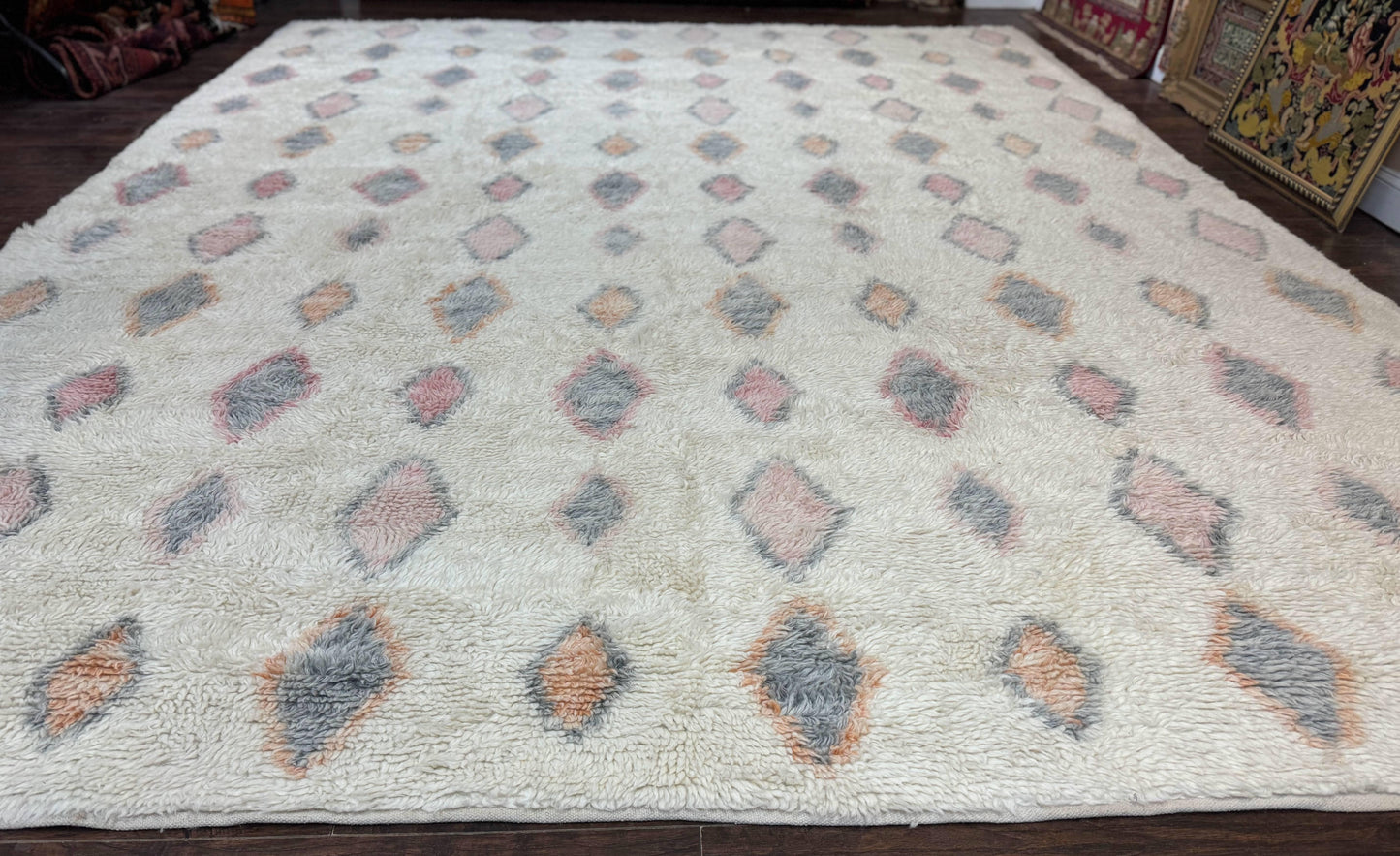 USED Large Modern Contemporary Indian Shag Rug 11x14, Ivory, Handmade Wool Carpet