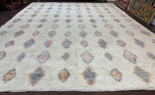 USED Large Modern Contemporary Indian Shag Rug 11x14, Ivory, Handmade Wool Carpet