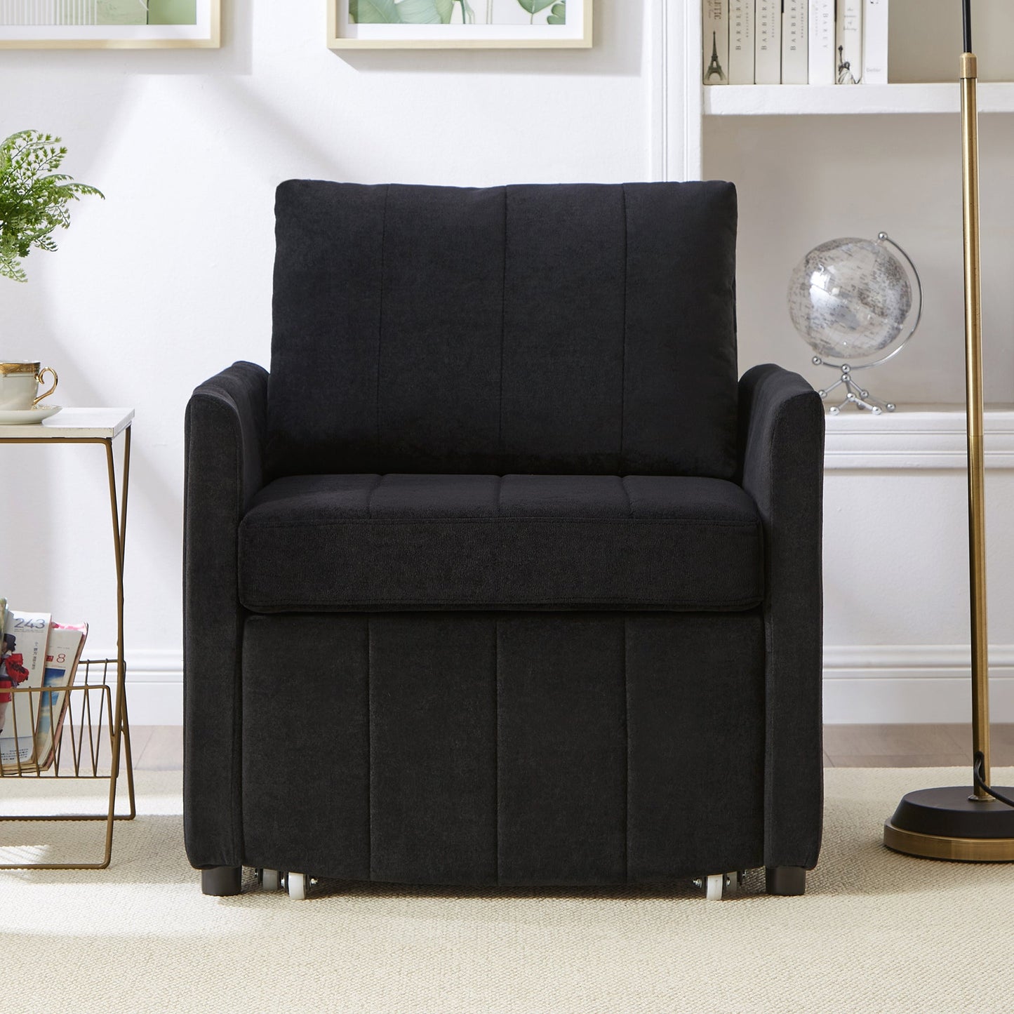 NEW Black Chenille Upholstered Convertible Sleeper Sofa with 5-Position Backrest Side Pockets Storage