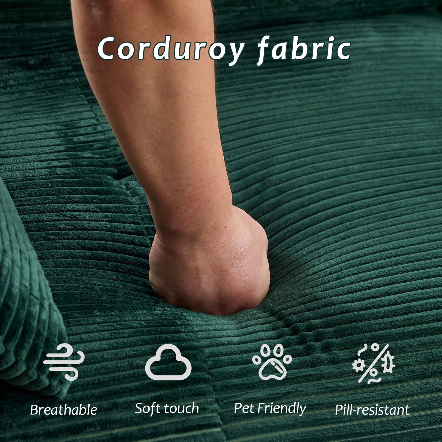 Modern Memory Foam Compressed Sofa,Single Chaise Longue for Living Room,Pet-Friendly Cloud Modular Sectional Sofa,Corduroy Fabric,Movable Ottoman,No assembly required,Green