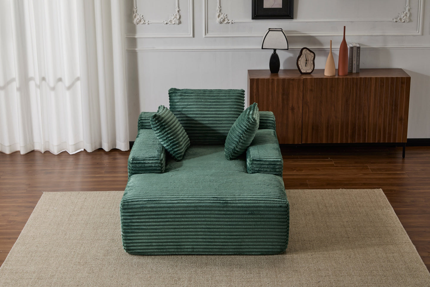 NEW Oversized Chaise Lounge Chair Cozy Cloud Couch Modern Plush Green Corduroy Upholstered Sleeper Sofa Daybed with 3 Throw Pillows and Wide Armrest