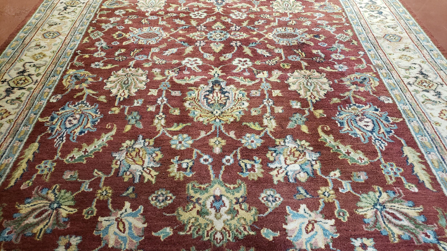 USED 8x12 Indo-Mahal Rug, Floral Allover, Red & Beige, Wool Vintage Handmade Traditional Carpet