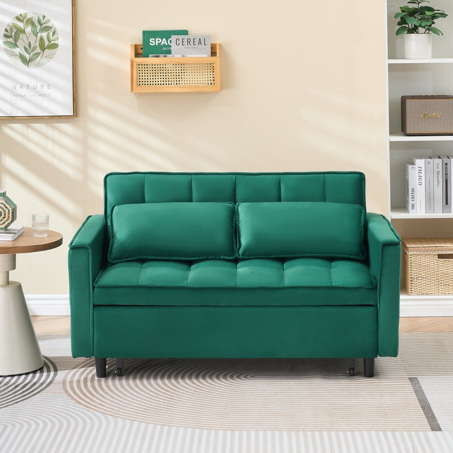 NEW 55-inch Green velvet sofa bed, elegant and convenient, with storage pockets, cleverly interpreting the three-in-one conversion