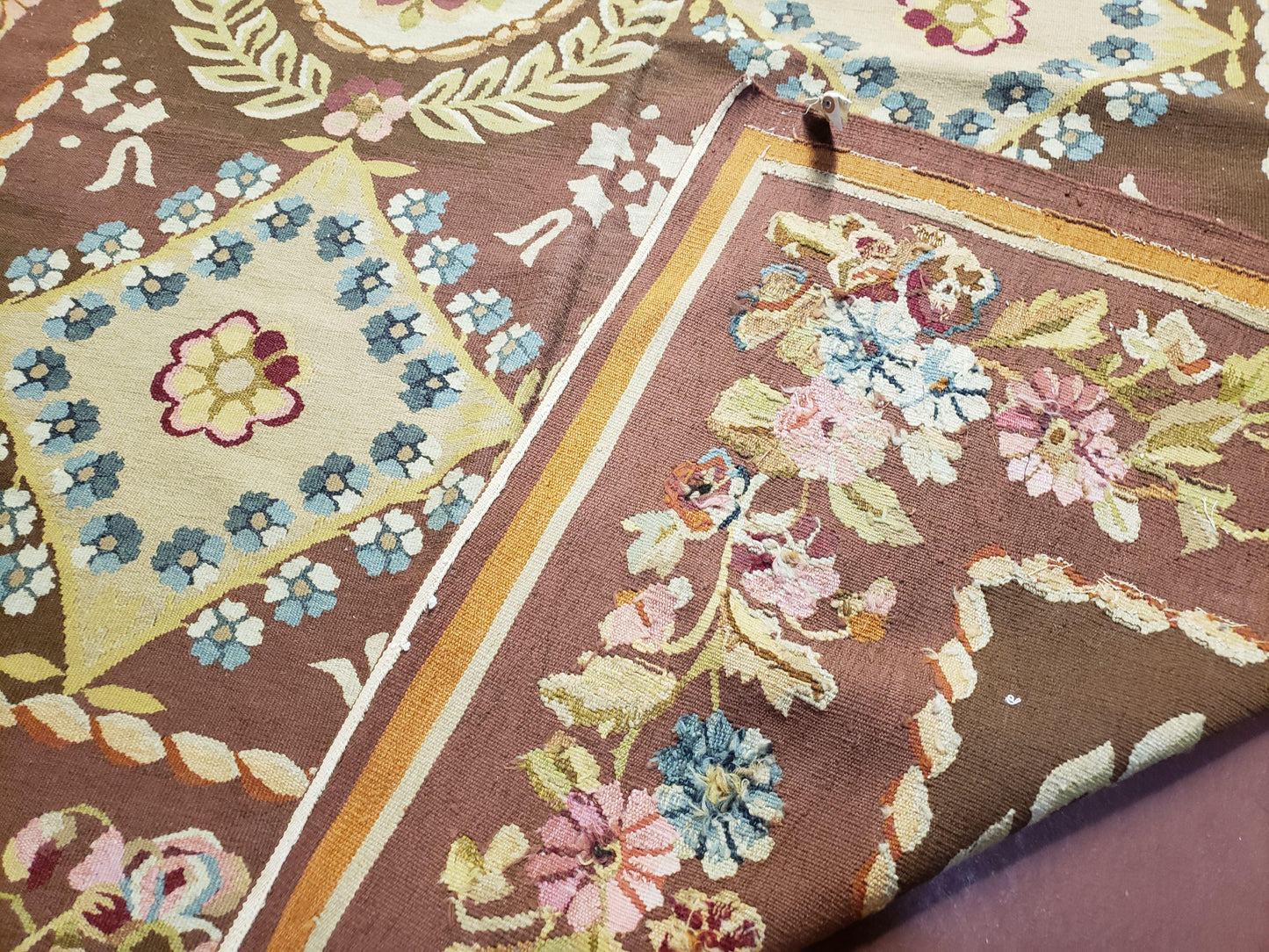 USED Aubusson Rug 6 x 9 Flat Weave Area Carpet European Design Flowers New Brown Rug Handmade Wool Hand-Knotted Aubusson Weave Medium Rug 6x9