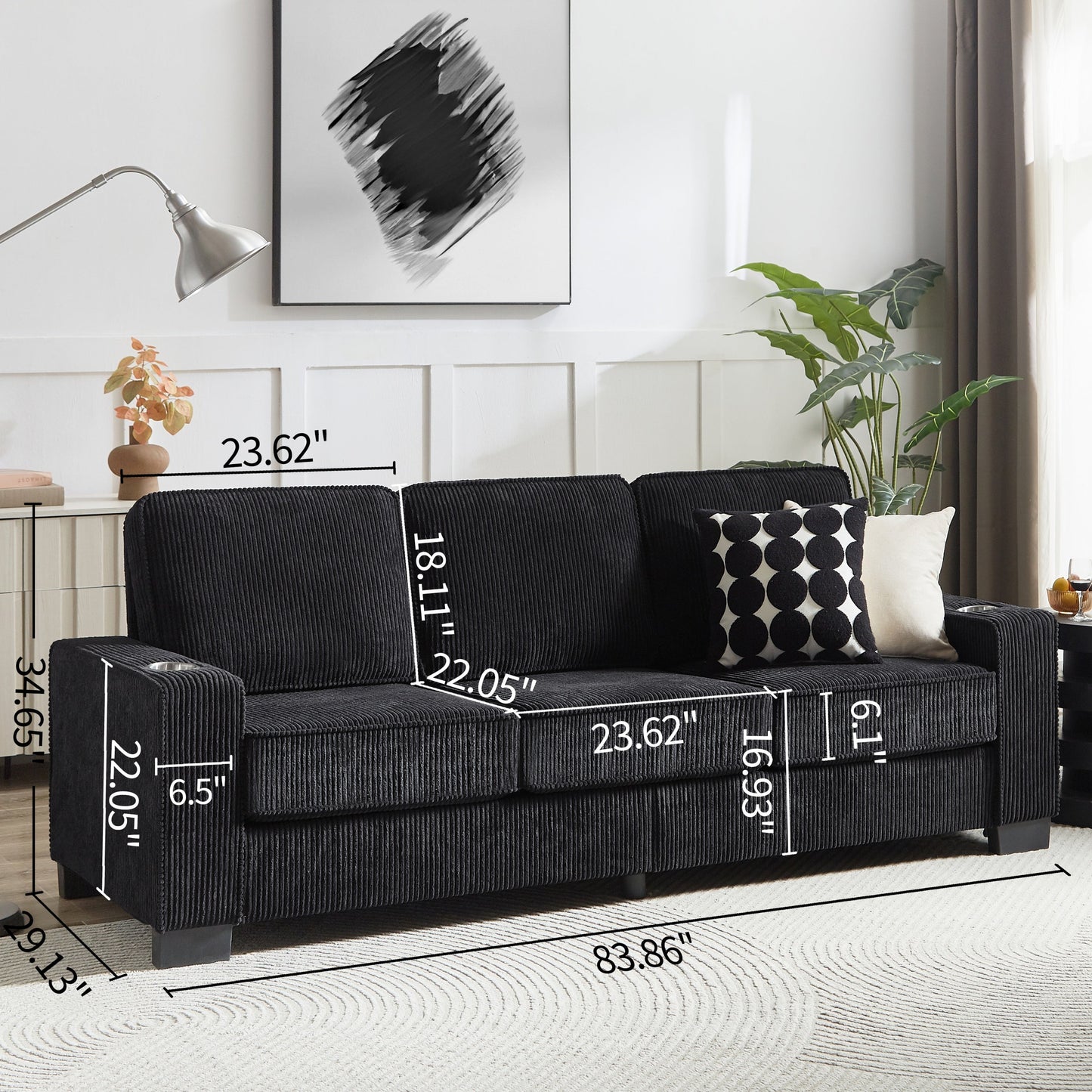 New Modern Corduroy Fabric Sofa, 3-Seater Compressed Couch