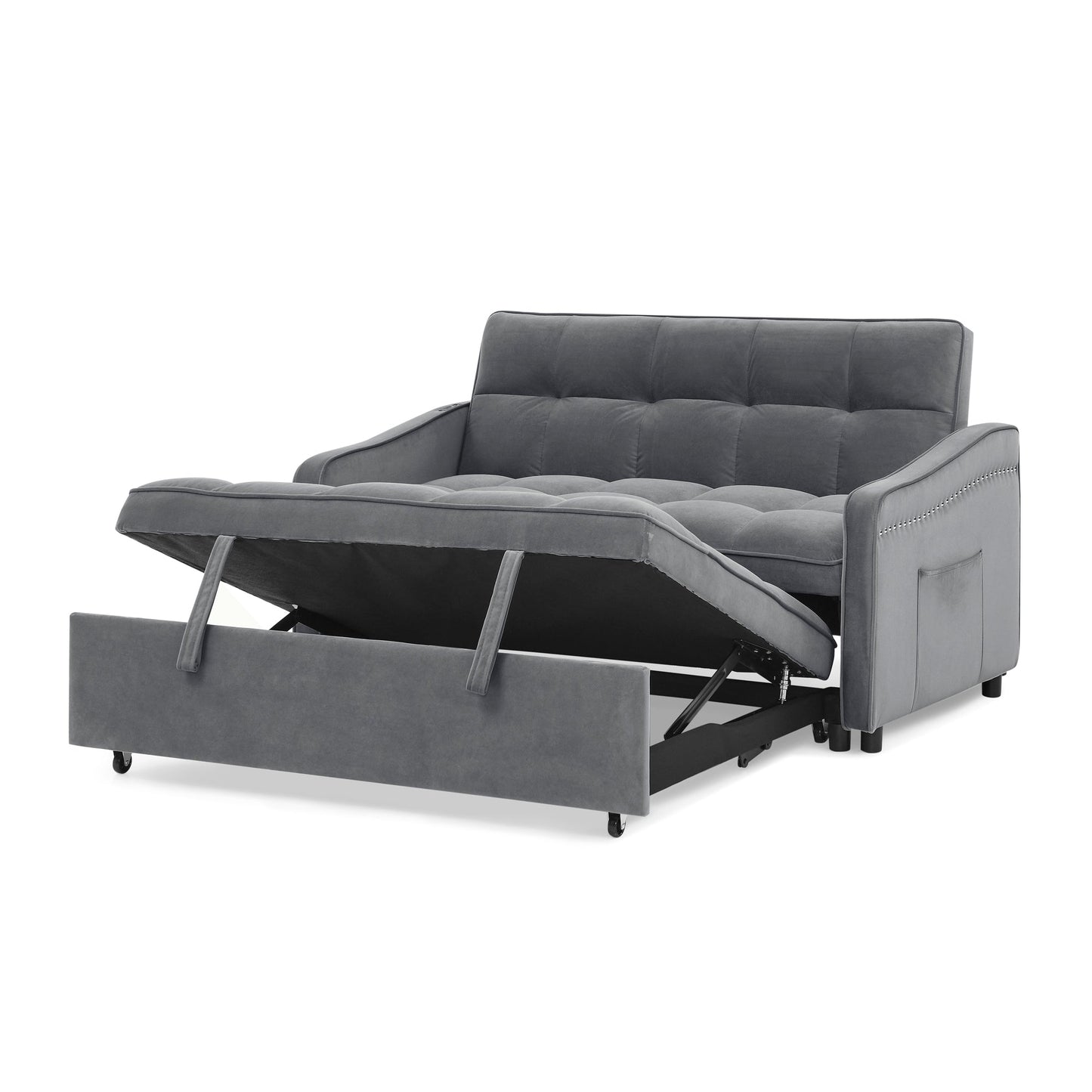 NEW Grey Copper Nail Loveseat Sofa Bed with Pull-out Bed Adjustable Back and Two Arm Pocket TypeC USB Charging