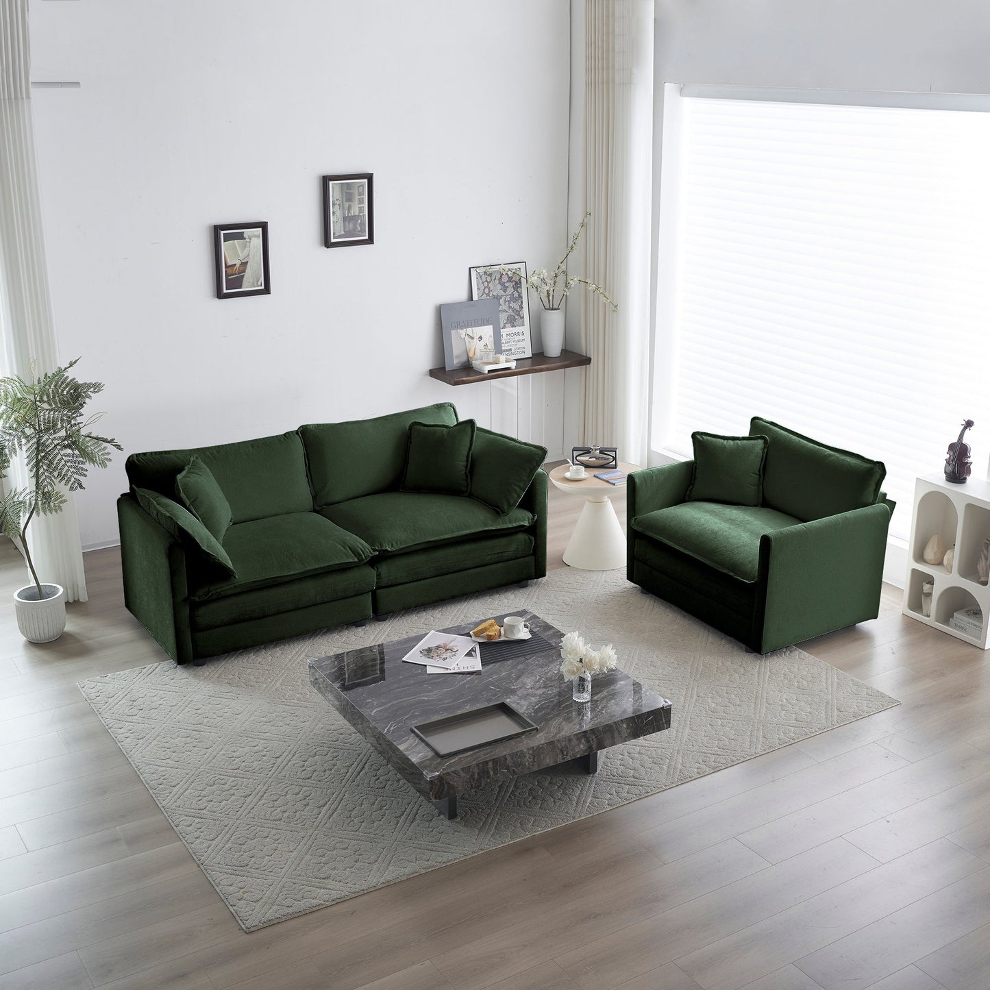 NEW 2 Seater Loveseat and Chair Set, 2 Piece Sofa & Chair Set, Loveseat and Accent Chair , 2-Piece Upholstered Chenille Sofa Living Room Couch Furniture(1+2 Seat ) ,Green Chenille