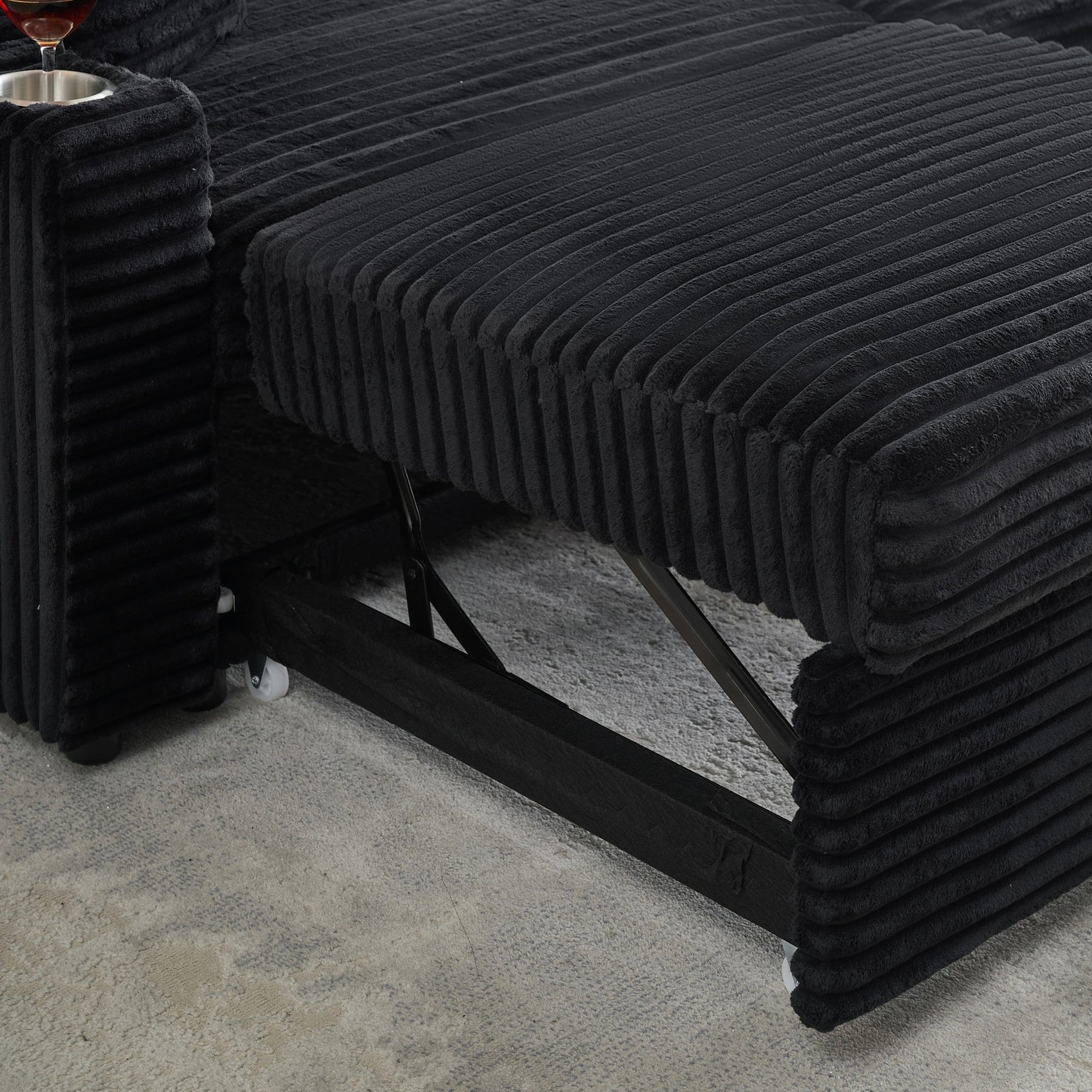 NEW 80-inch 2-in-1 Folding Black Corduroy fabric Sofa equipped with Cup Holder and Pillow