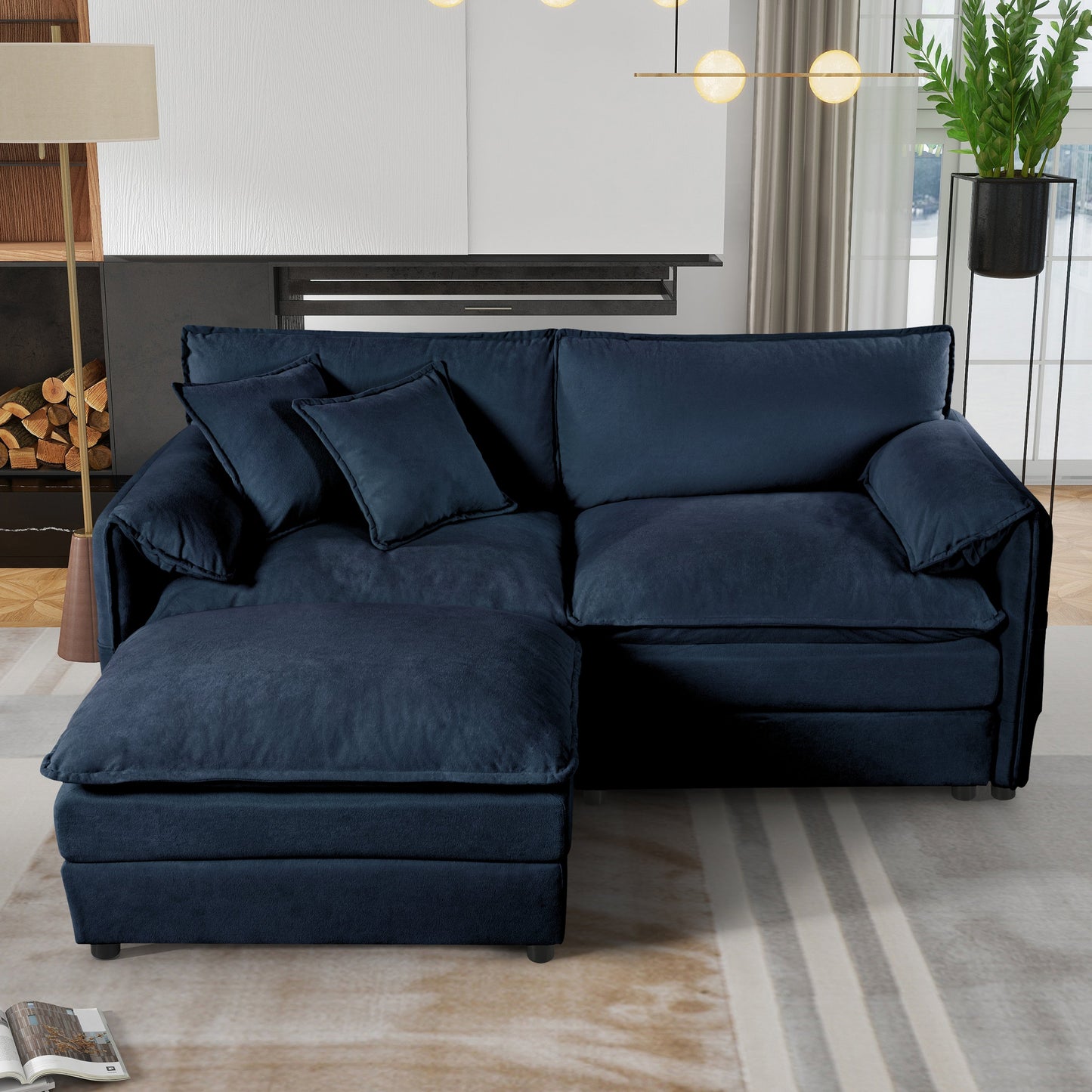 NEW Modern Blue Chenille Love Seat Upholstered Modular L Shaped Deep Seat Sectional Sofa Cloud Couch with Ottoman