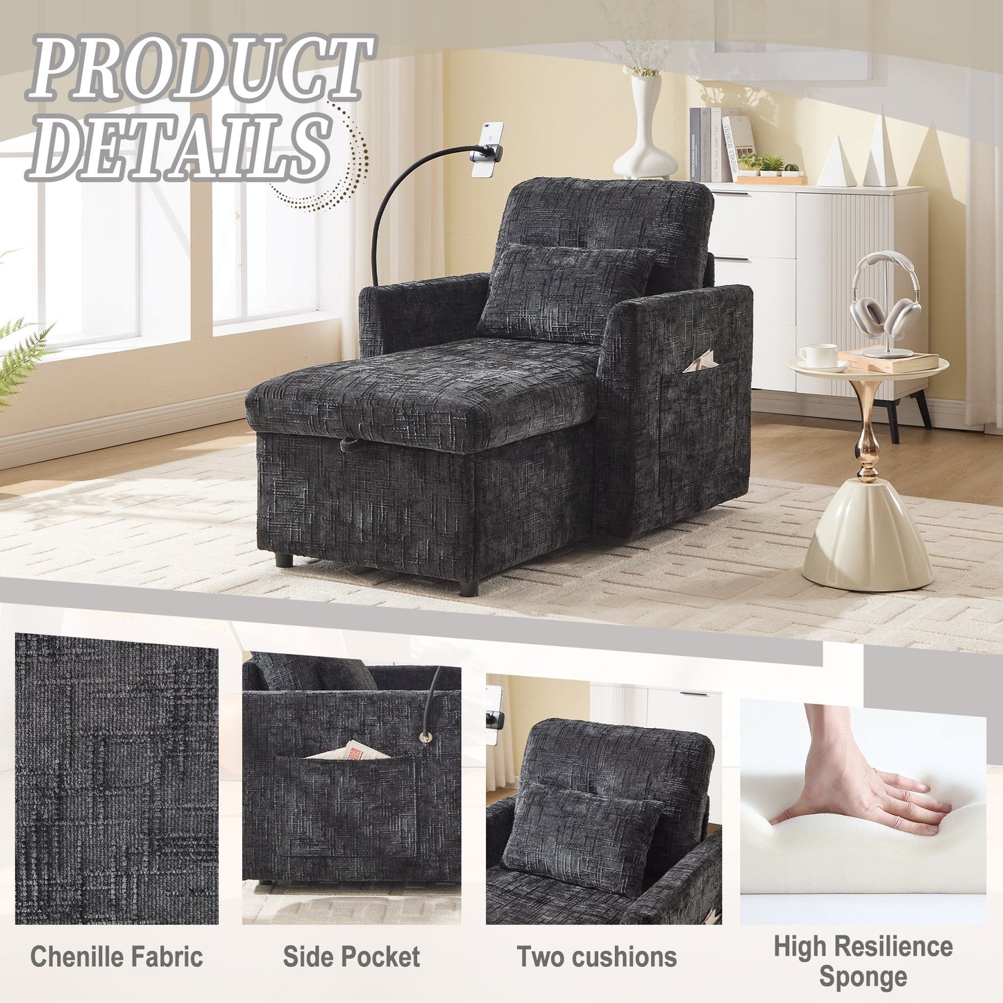 NEW Chenille Multifunctional Sofa Recliner with Storage Backrest and Cell Phone Bracket