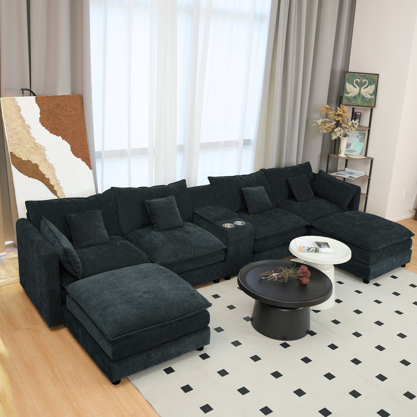NEW Black U Shaped Sectional Cloud Couch Comfy Fluffy 6 Seat Sectional Modular Sofa with Movable Ottoman Console Cup Holders