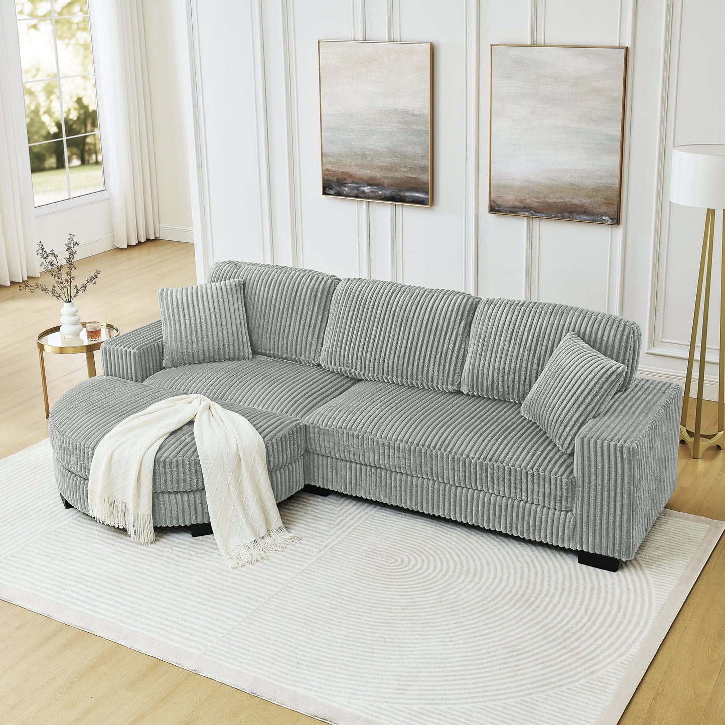 NEW Corduroy Tufted Upholstered Sleeper Sectional L-Shaped Modular Convertible Sofa with Arc-Shaped Footstool