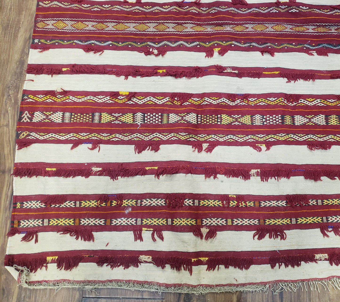 USED Antique Turkoman Yamud Rug 3x5 ft, 1920s Turkmen Sofreh Table Cover, Bohemian Rug, Tribal Collectible, Striped Rug, Handmade Ivory and Red