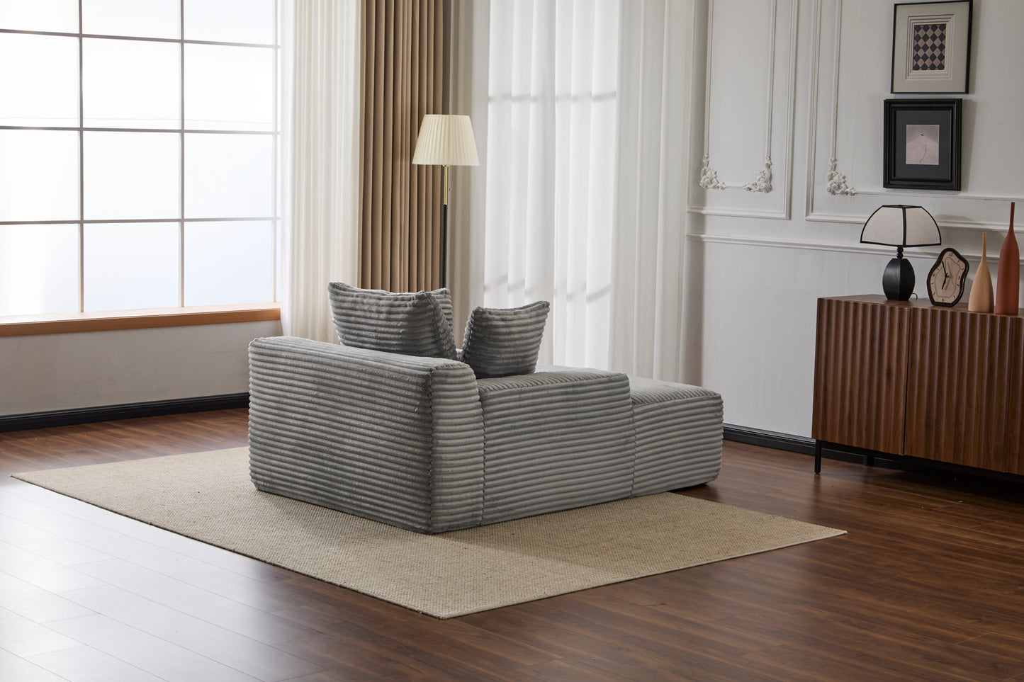 NEW Grey Oversized Chaise Lounge Chair Cozy Cloud Couch Modern Plush Corduroy Upholstered Sleeper Sofa Daybed with 3 Throw Pillows and Wide Armrest