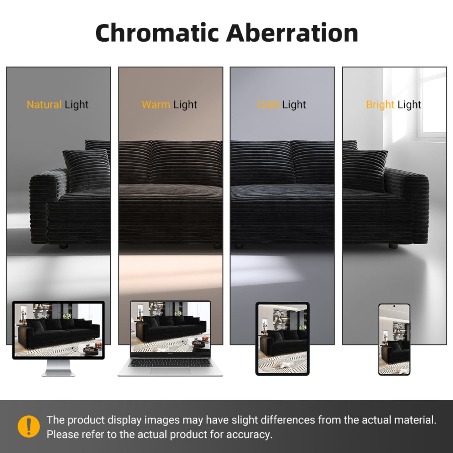 NEW 82.7' Black Plush Corduroy Deep 3-Seat Modern Comfy Upholstered Sofa Couch