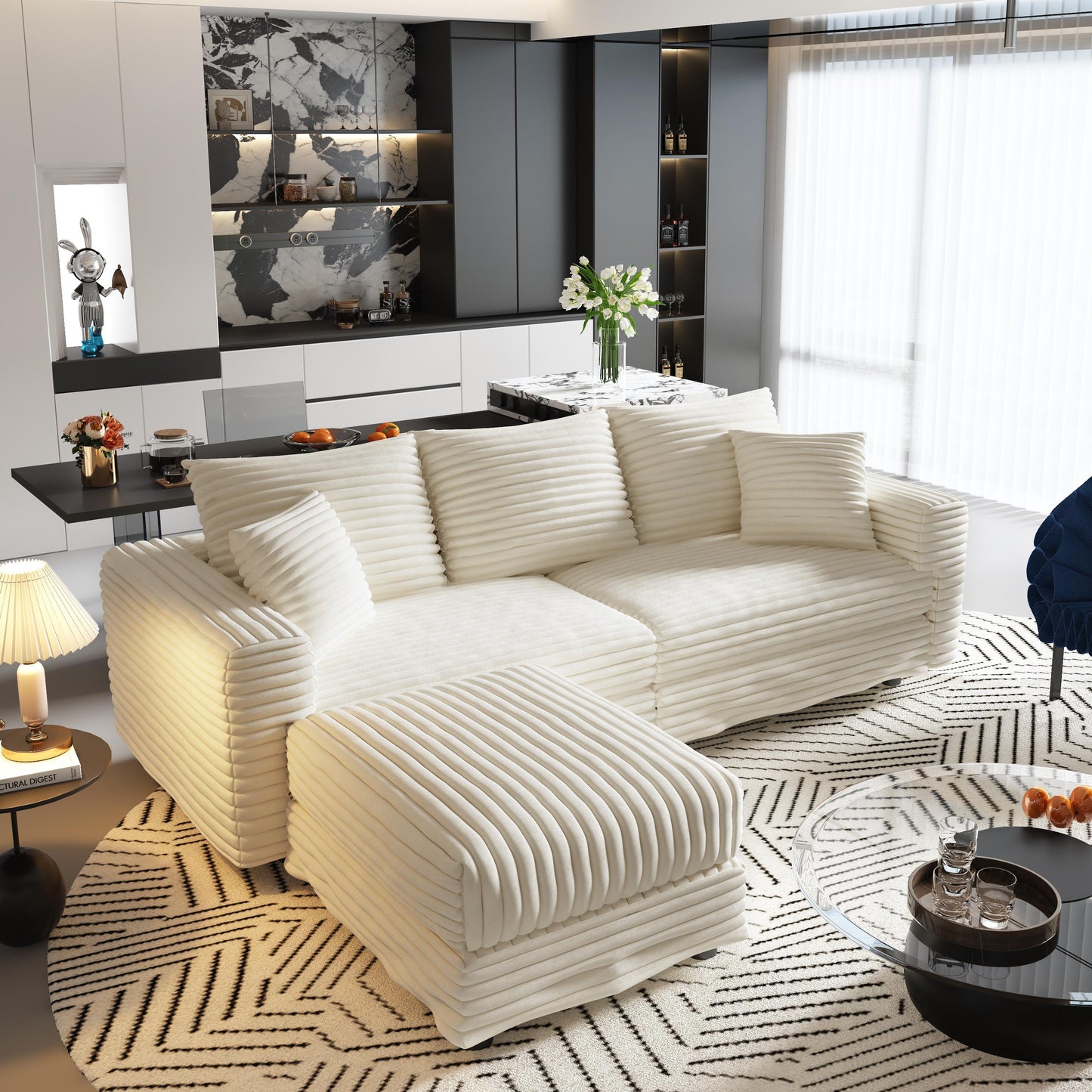 NEW 82.7 ' Plush Beige Corduroy Modern Comfy Upholstered Deep 3-Seat Sofa Couch Convertible Lounge Chair with Soft Pillows and Ottoman