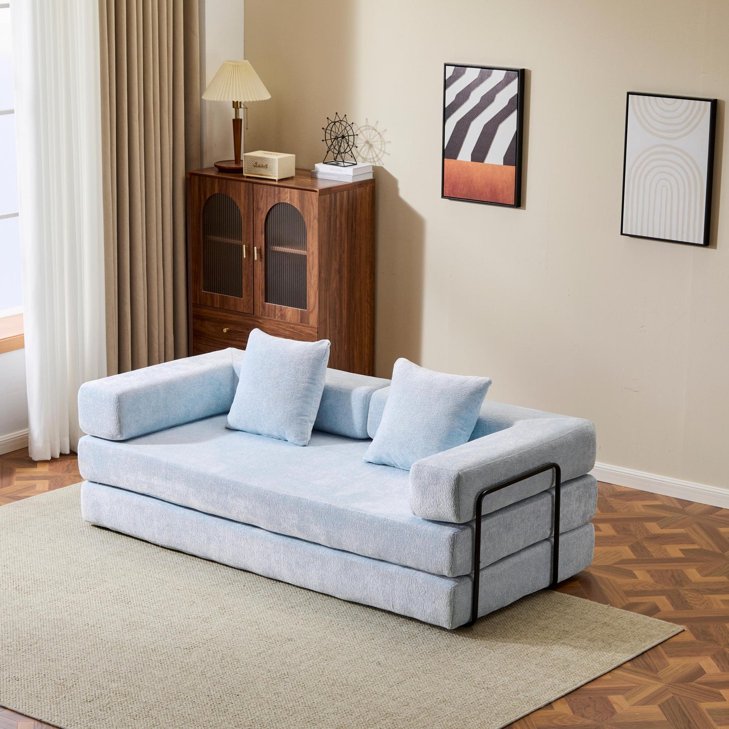 NEW Light Blue Chenille Fabric Floor Couch Compression Convertible Sofa Bed with Pillow Back Support Armrest Comfy Futon Couch Lounge Sleeper Bed