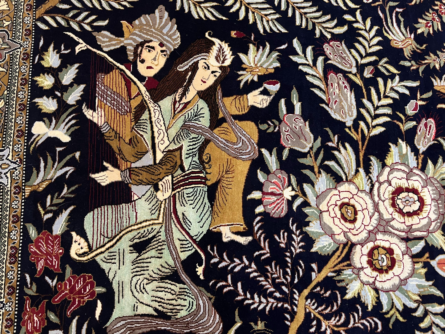 USED Persian Qum Pictorial Rug 4.8 x 6.5 - Layla & Majnun, Birds