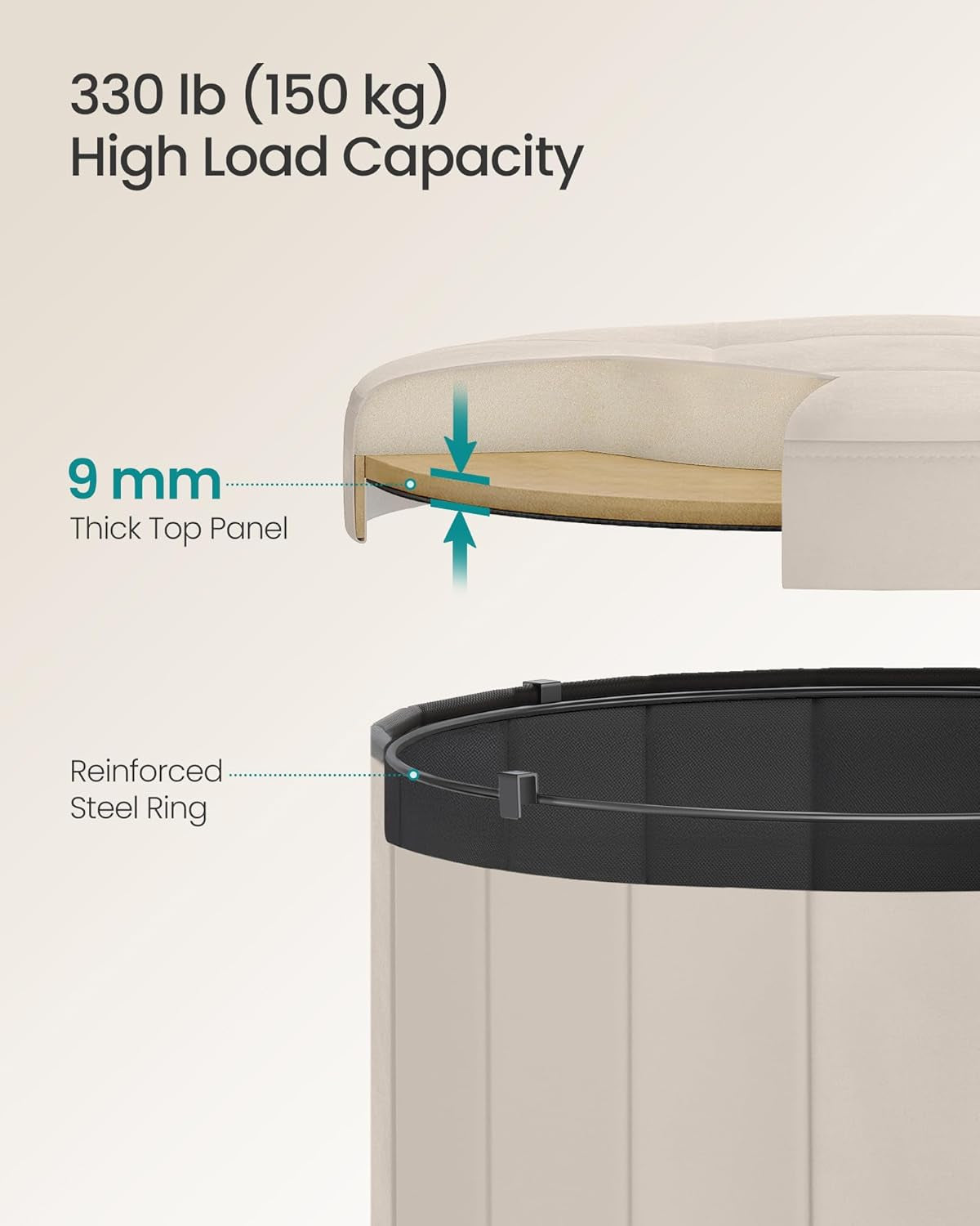 NEW Round Folding Storage Ottoman Cappuccino Beige Velvet