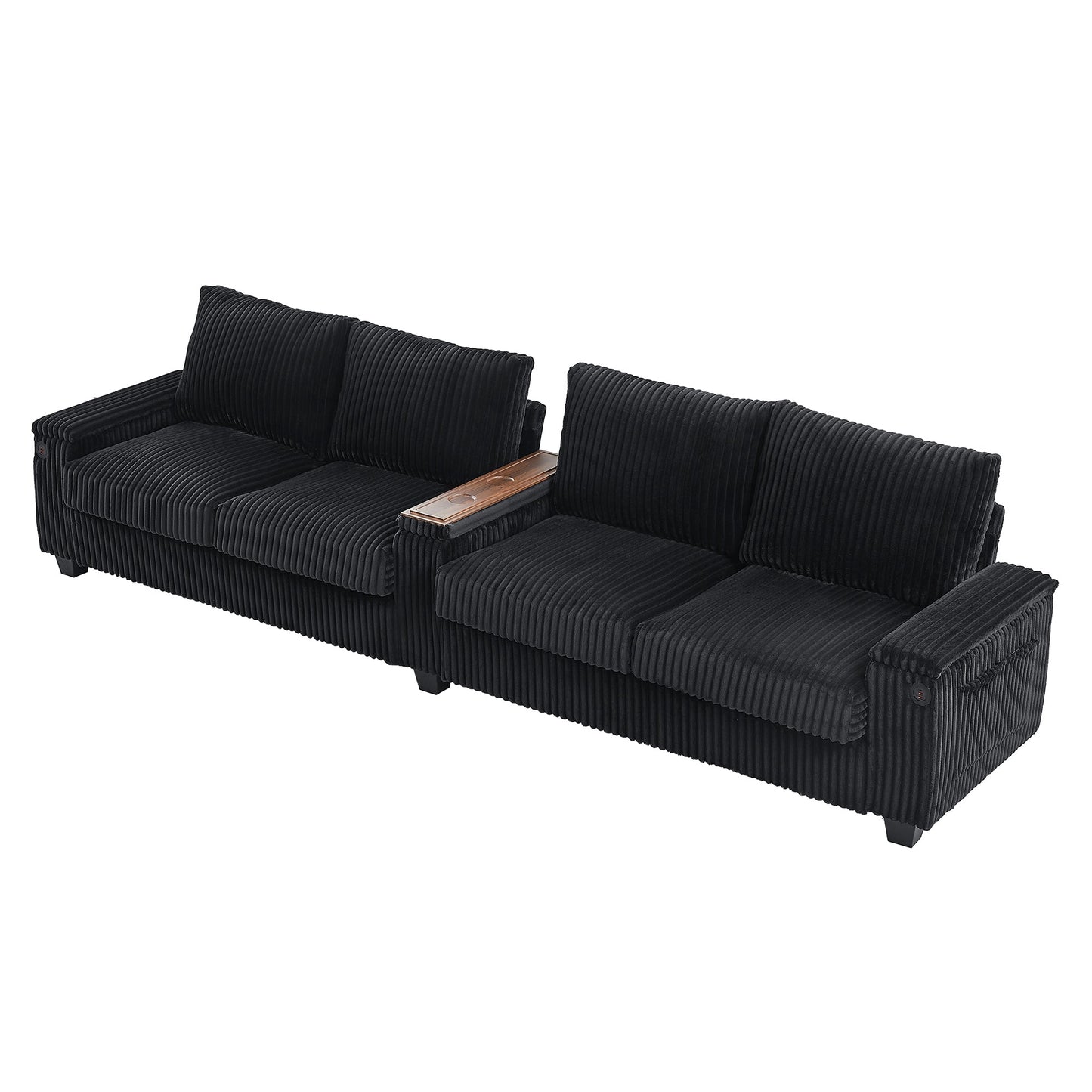NEW Modern 4-Seater Black Corduroy Sofa Couch with USB Ports and Hidden Storage