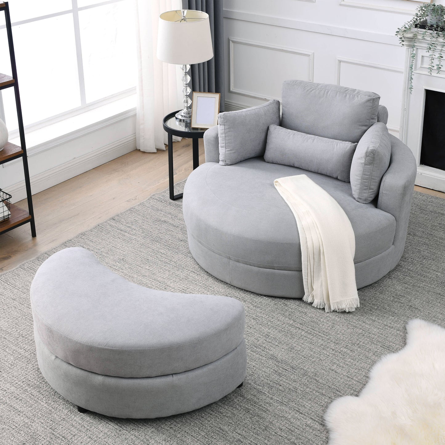NEW We Like Swivel Accent Barrel Modern Grey Sofa Lounge Club Big Round Chair with Storage Ottoman Linen Fabric with Pillows