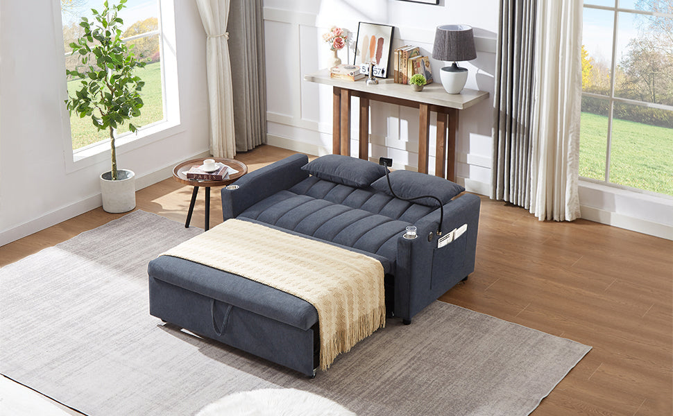 NEW Convertible Sofa Bed Loveseat with USB Ports, Side Pockets, Cup Holders, and Phone Holder in Blue Grey Bella Fabric, 55.9'