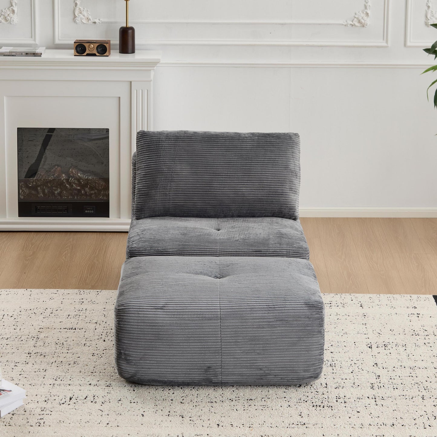 NEW Grey Single Corduroy Chaise Lounge Fabric Modern Memory Foam Compressed Sofa Cloud Modular Sectional Movable Ottoman