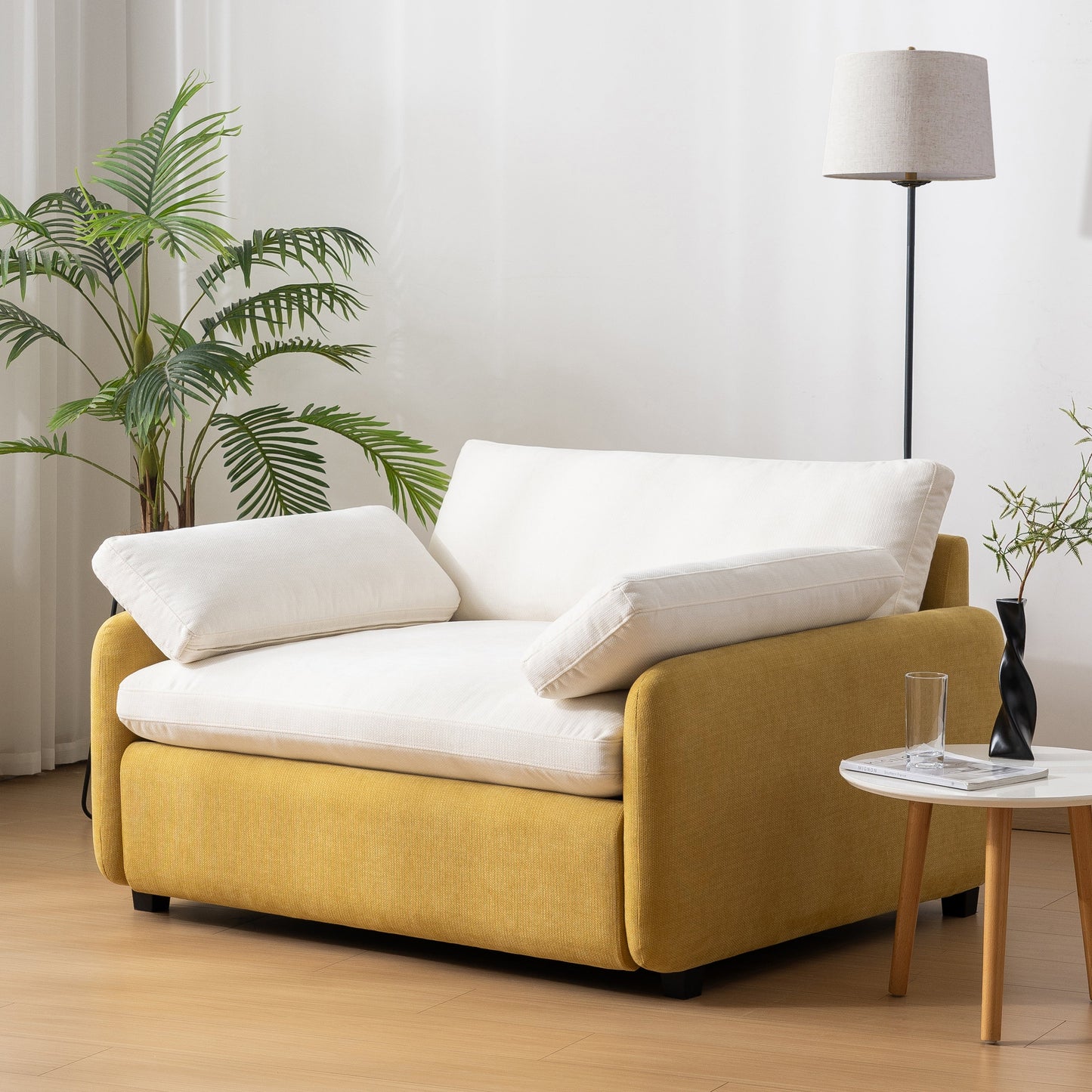 NEW Modern Oversized Chenille Armchair with Color Blocking and Pillows, 50*43' in Cream and Yellow