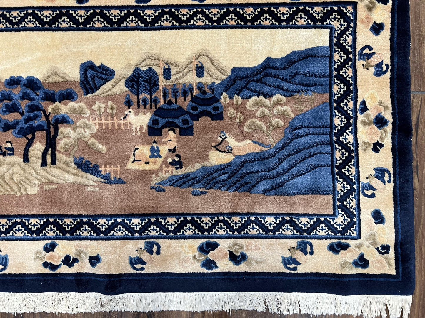 USED Antique Chinese Pictorial Rug 2.7 x 5, Chinese Village and Hills Carpet, Beige and Dark Blue, Handmade, Horizontal Rug Wall Hanging Tapestry