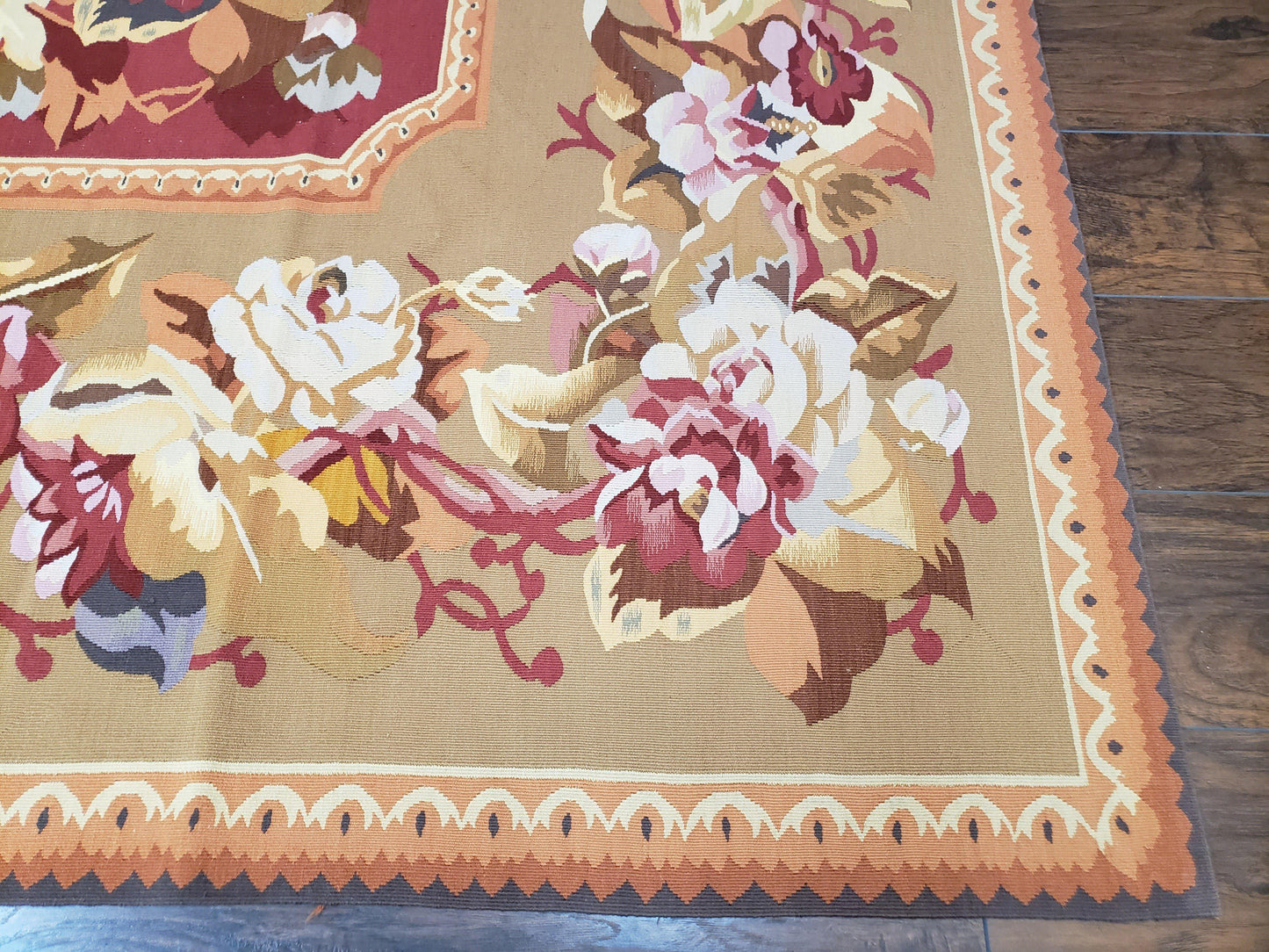 USED Vintage Chinese Aubusson Savonnerie Flat Pile Rug 9.9 x 14.5 Wool Handwoven Red & Khaki Large Flowers Rug 9x14 - 10x15 Michaelian Kolhberg