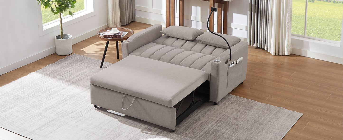NEW Convertible Sofa Bed Loveseat with USB Ports, Side Pockets, Cup Holders & Swivel Phone Holder, Light Grey Bella Fabric