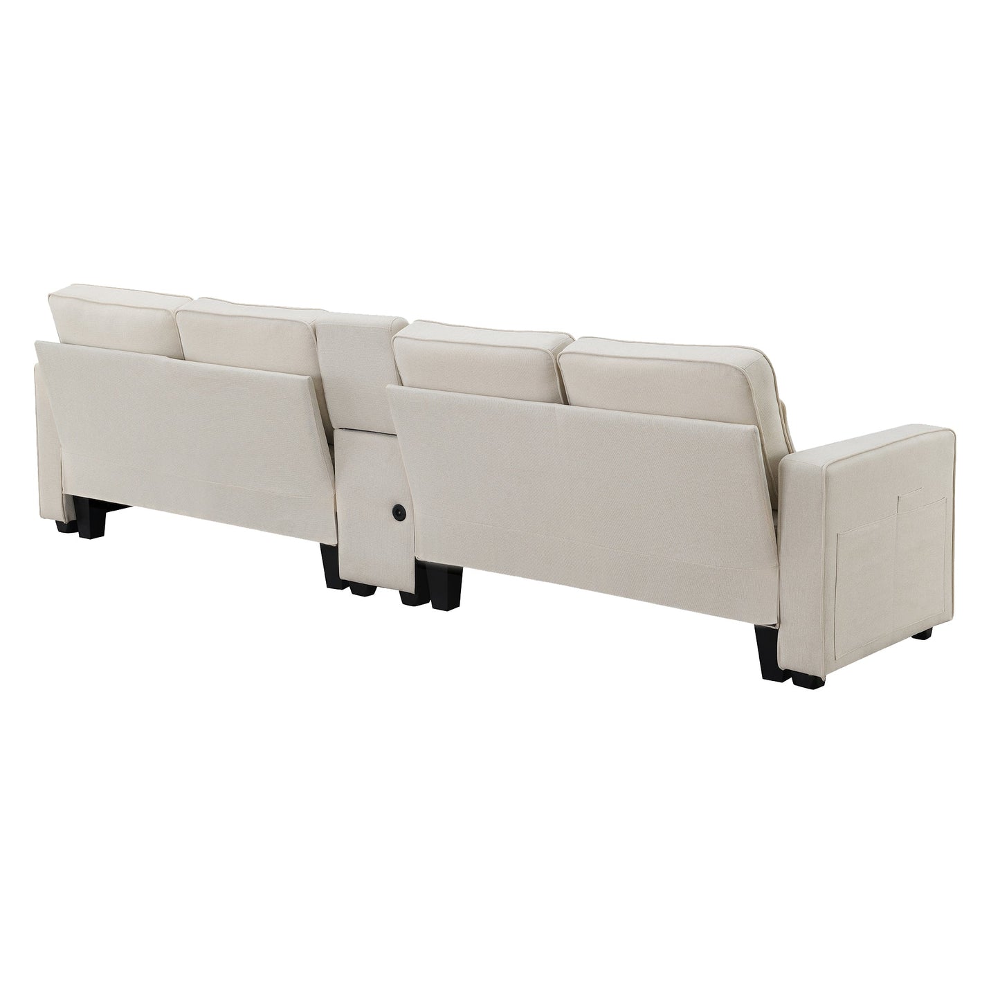 NEW Modern Linen Fabric Upholstered Sofa Couch with Console 2 Cupholders 2 USB Ports Wired or Wirelessly Charged 4 Pillows
