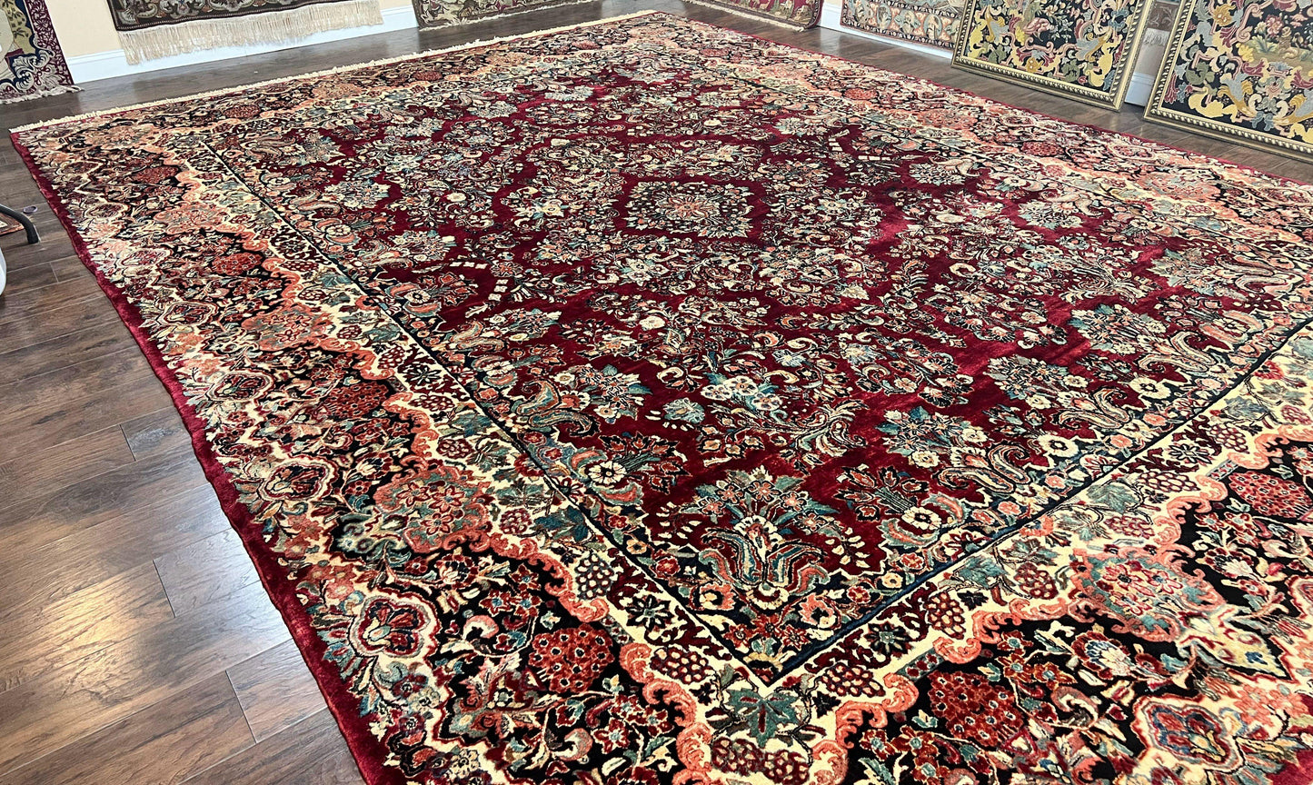 USED Persian Sarouk Rug 12x17, Wool Hand Knotted Antique Carpet, Dark Red, Traditional Floral Oriental Rug, 12 x 17 Extra Large Handmade Rug