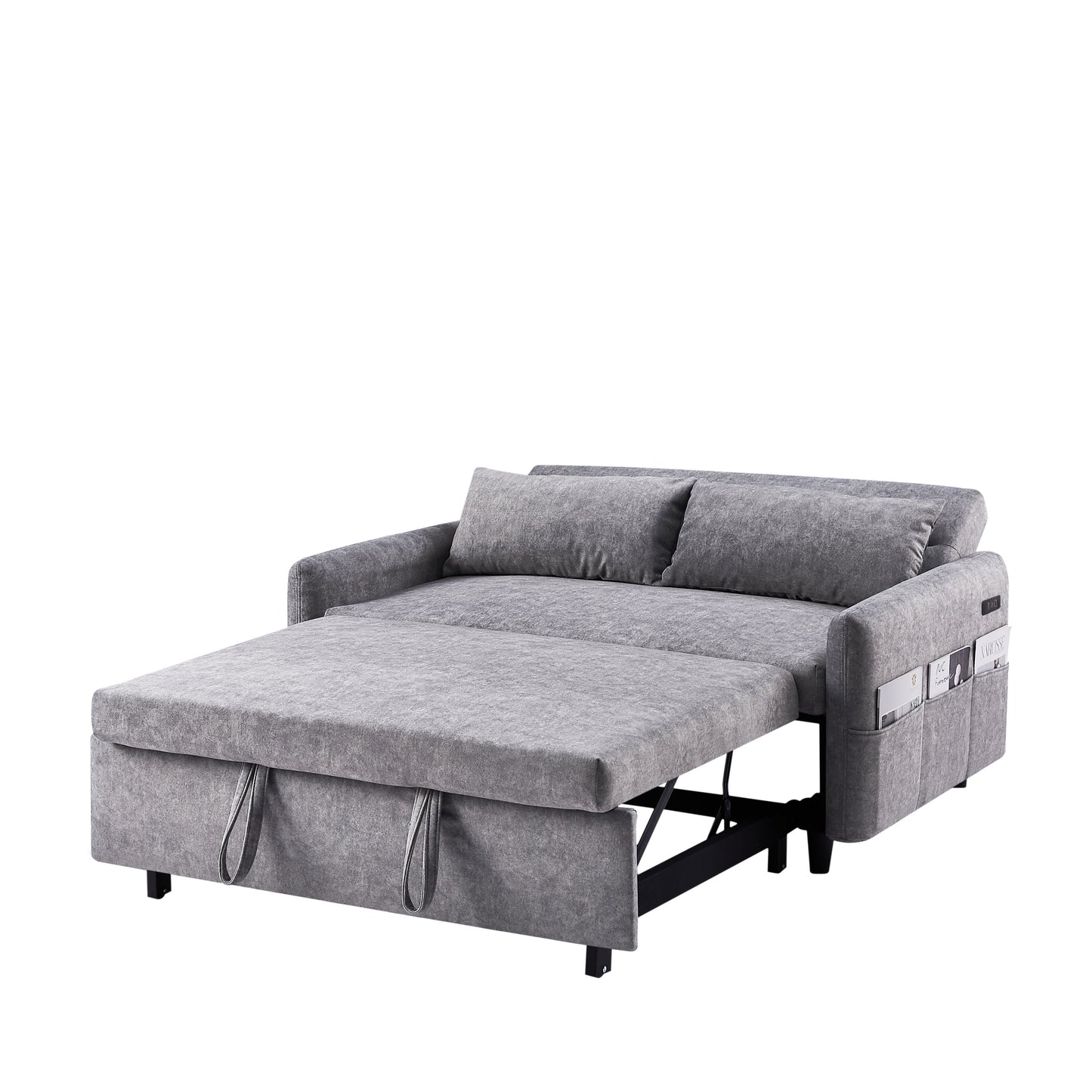 NEW Contemporary Grey Pull Out Sleep Sofa Bed Loveseat with Adjustable Backrest Storage Pockets USB Ports and 2 Soft Pillows