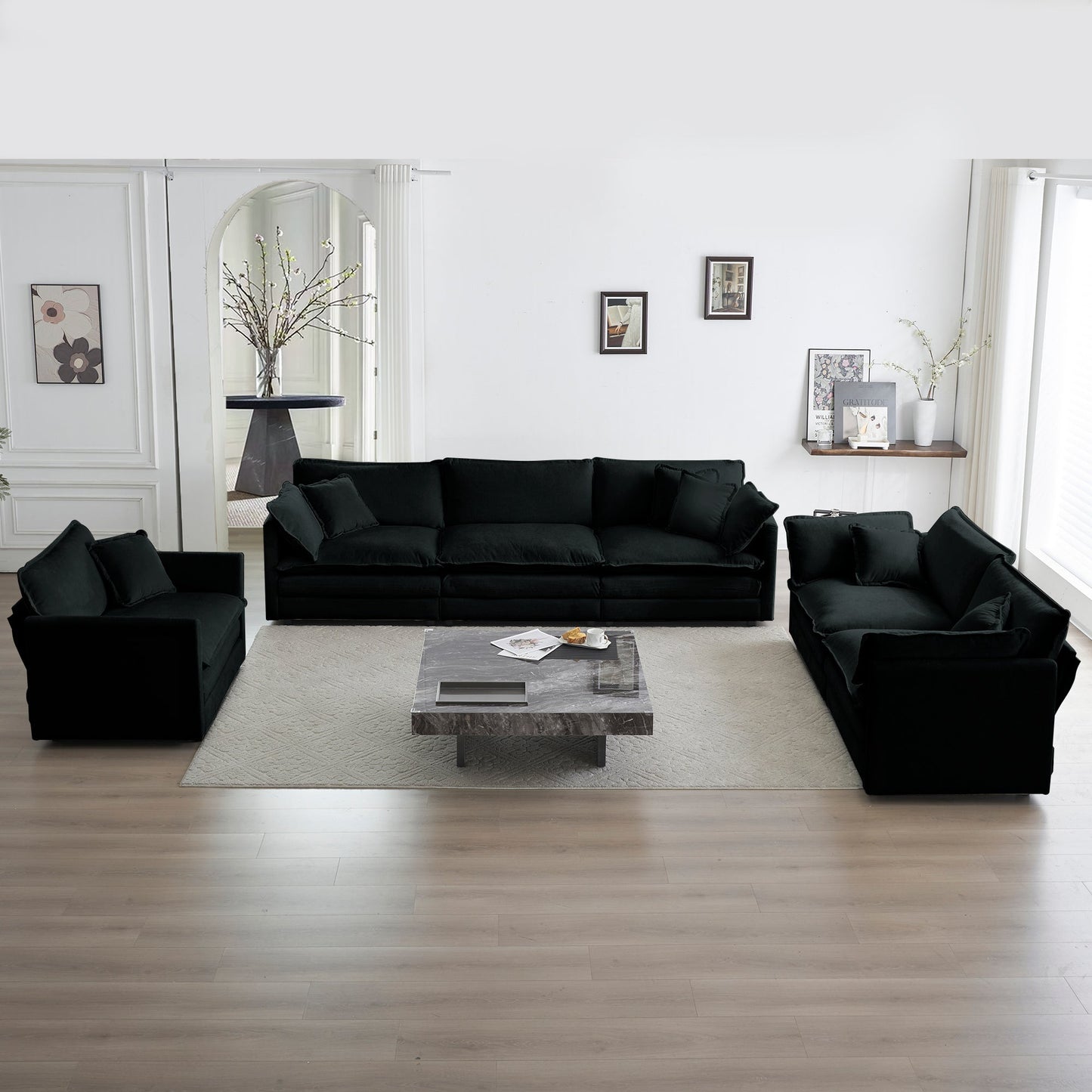 NEW Black Chenille Modern Sofa Couch 3 Piece Extra Deep Seat Sectional Sofa Set