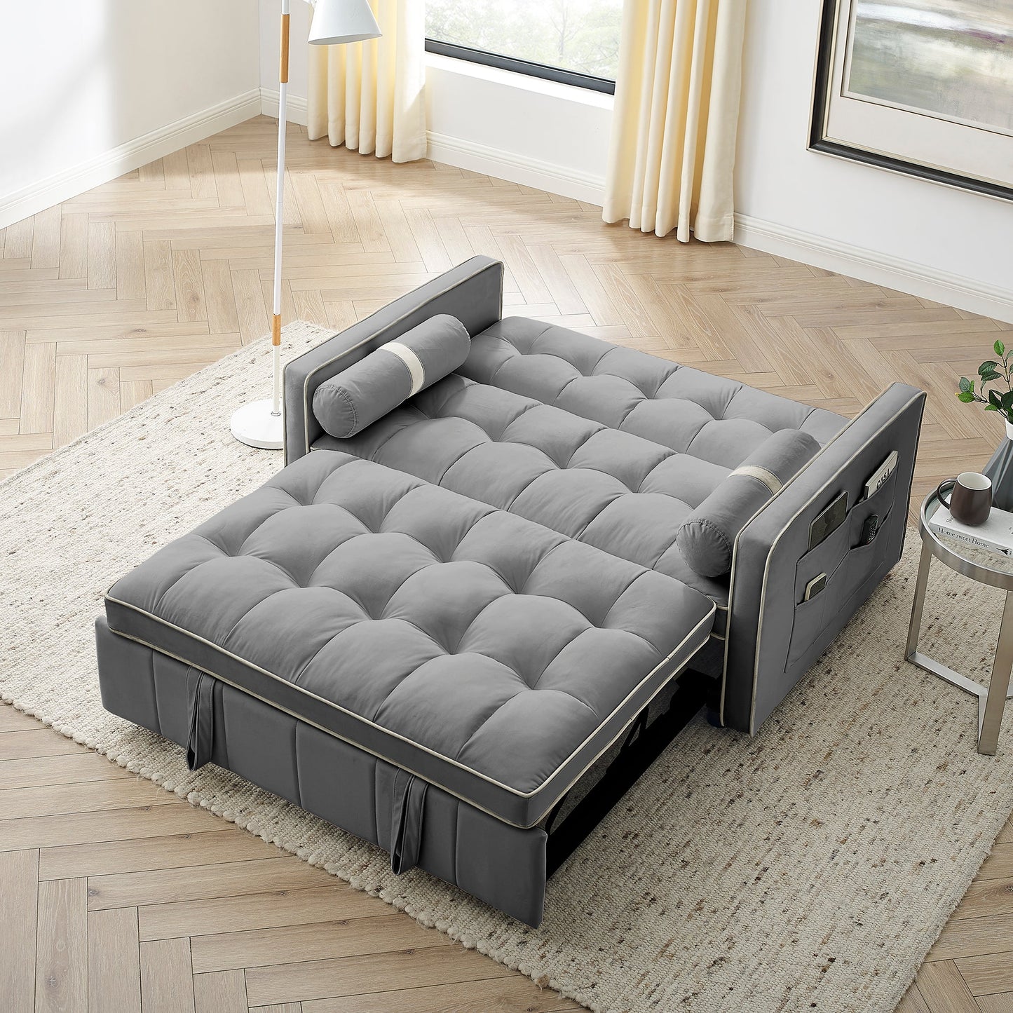 NEW Modern 55.5' Pull Out Sleep SofaBed 2 Seater Loveseat Sofa Couch with Side Pockets and Adjustable Backrest