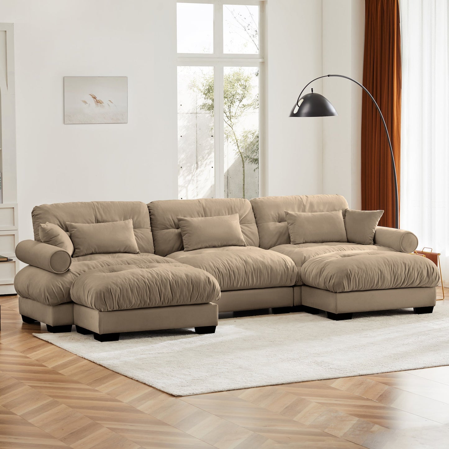 NEW Modern U Shape Modular Sectional Sofa Couch with Movable Ottomans, Camel Velvet, Convertible L Shaped Living Room Sofa