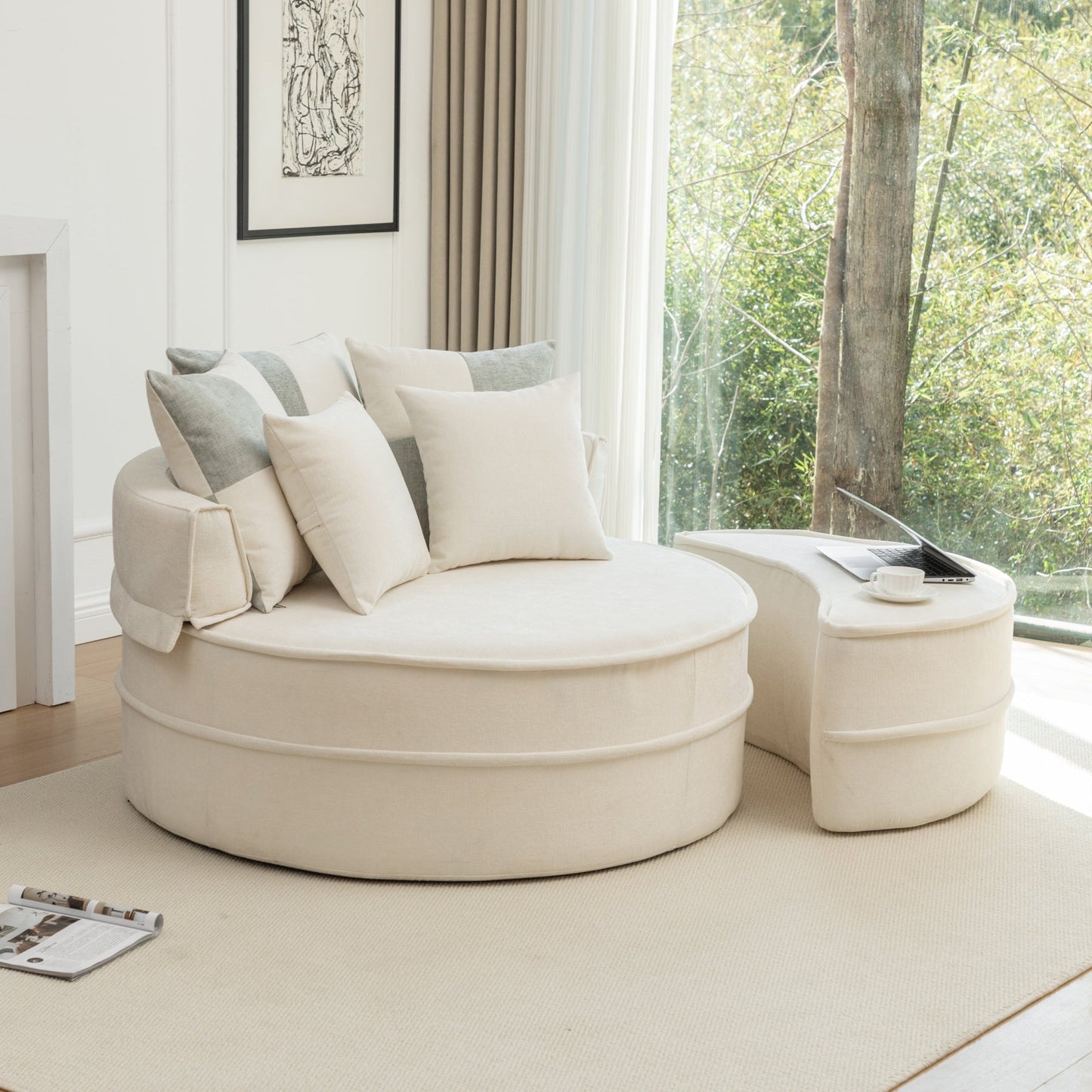 NEW Modern Oversized Beige Round Barrel Velvet Upholstered Lounge Armchair Accent Chair with Ottoman and 5 Pillows