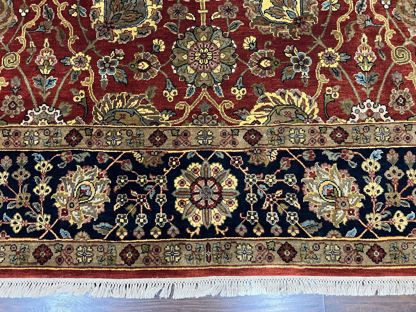 USED Indo Persian Rug 9x12, Hand Knotted Traditional Indian Wool Oriental Carpet 9 x 12 ft, Maroon and Navy Blue, Floral Allover 9x12 Vintage Rug