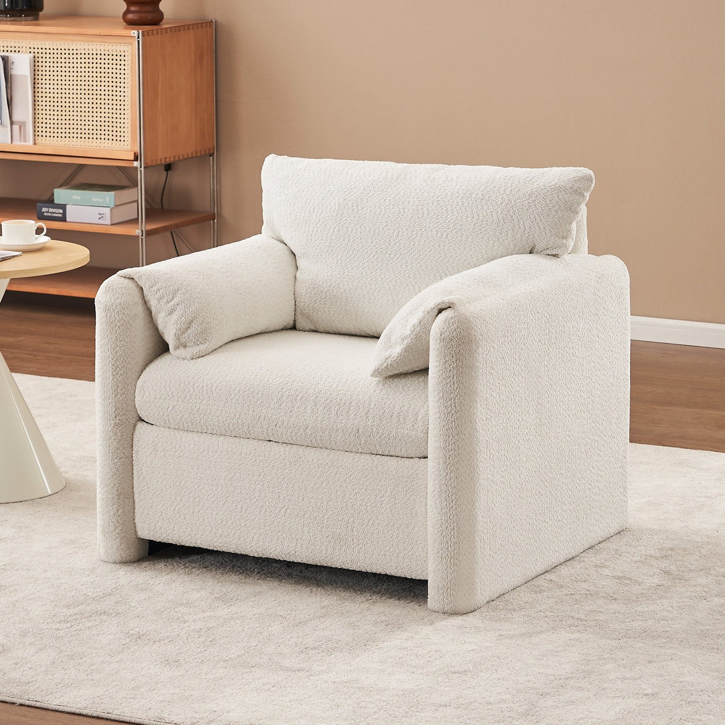 NEW Fixed Modern Ivory White Plush Chenille Lounge Accent Single Seater Armchair Chair with High-Resilience Cushion