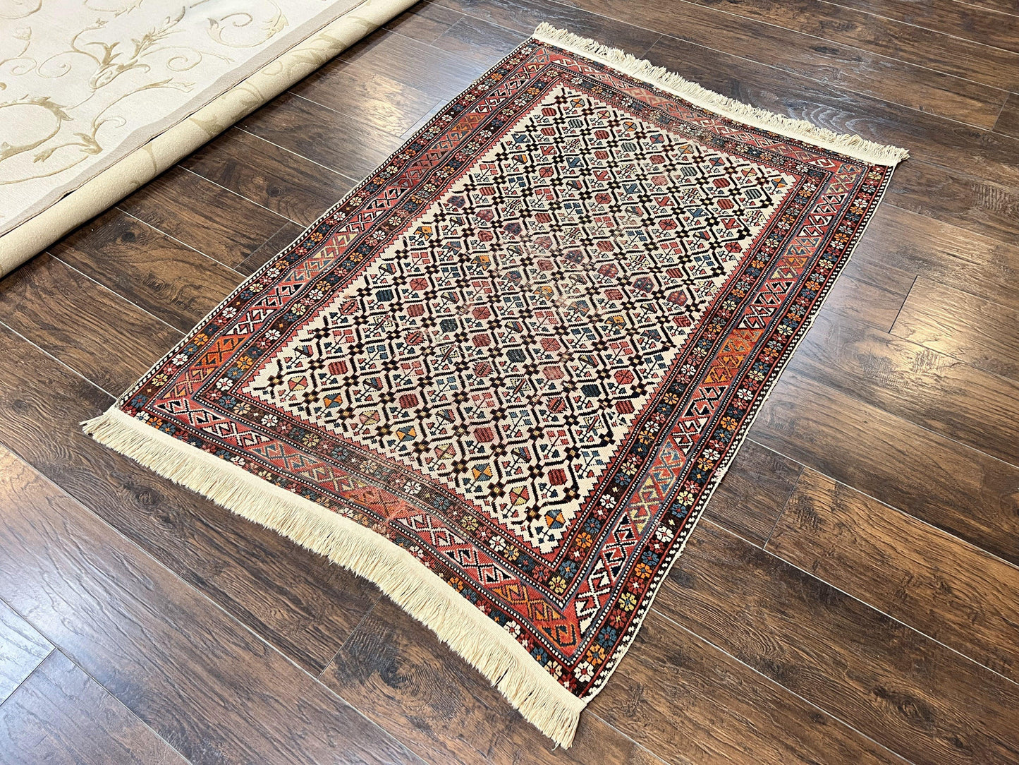 USED Antique Caucasian Rug 4x5, Hand Knotted Handmade Shirvan Oriental Carpet, Ivory Red Rug Allover Pattern, Rare Wool Rug, Tribal Geometric Rug