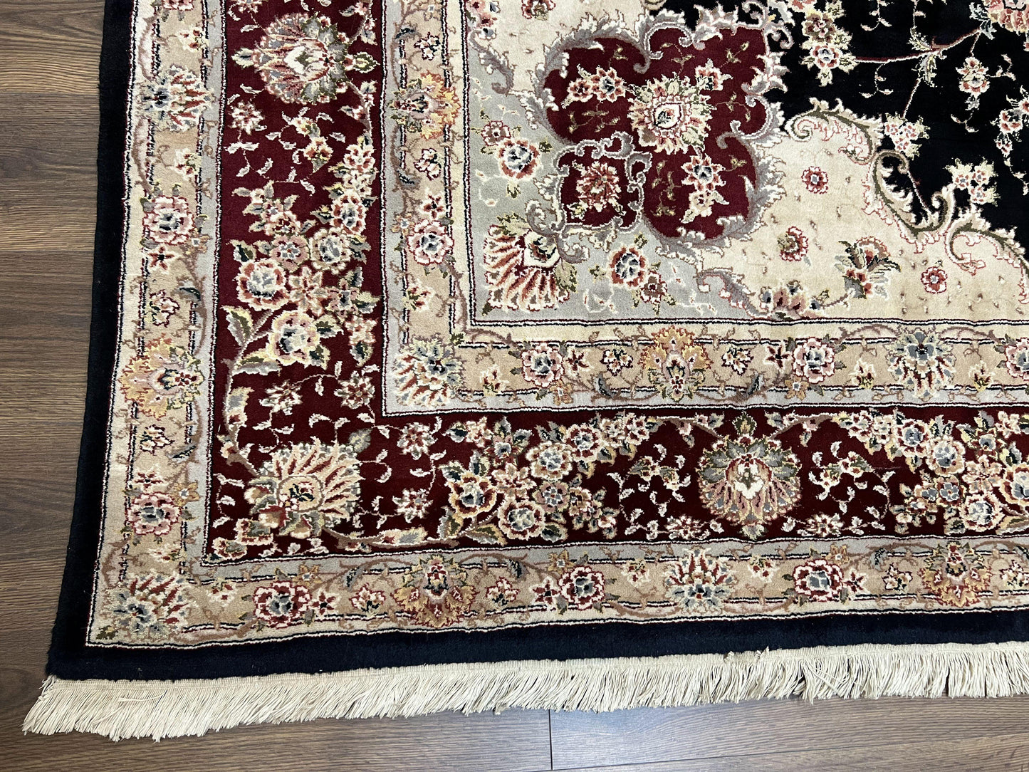 USED Pak Persian Rug 8.8 x 10.6, Floral Medallion, Wool and Silk Hand Knotted Fine Oriental Carpet, Elegant Rug, Black Gray Burgundy, Room Sized