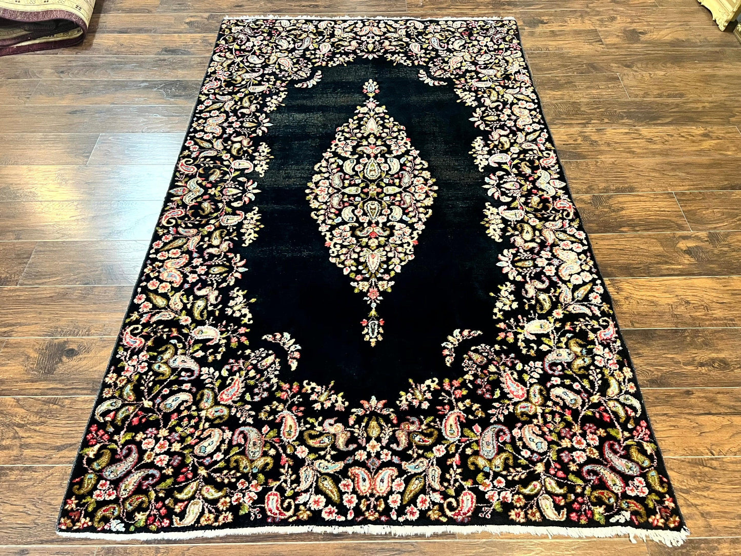 USED Antique Persian Kirman Rug 5x8, Floral Kirman, Midnight Blue/Black, Semi Open Field, Handmade Vintage Wool Carpet